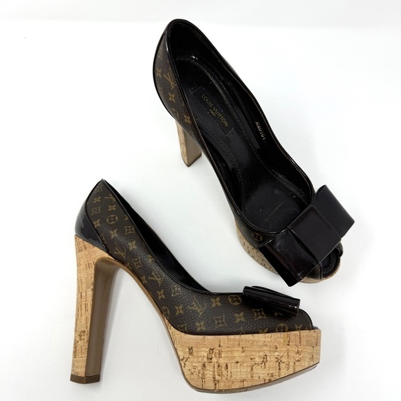 Louis Vuitton Brown Rivoli Cork LV Monogram Platform Peep Toe Pumps - Picture 1 of 13
